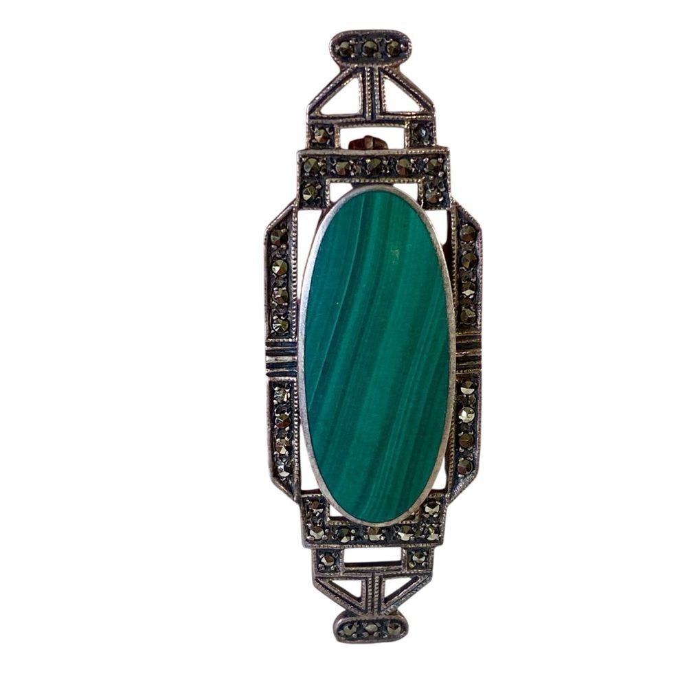 Vintage Sterling Silver Malachite Brooch Pin Green Gemstone Ornate Detail